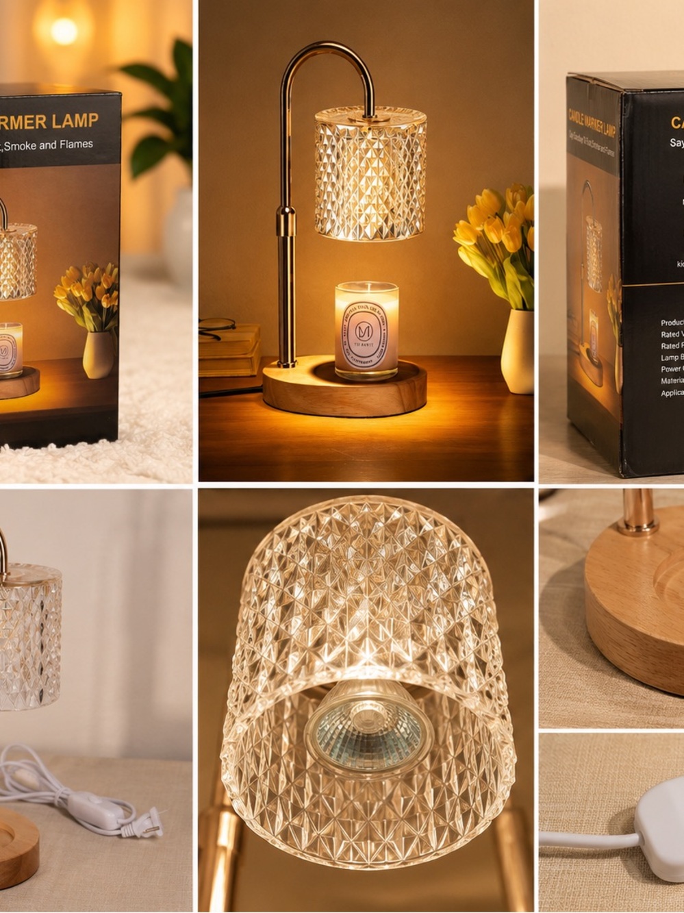 Crystal Glass Table Lamp with Wood Base - Warm Amber